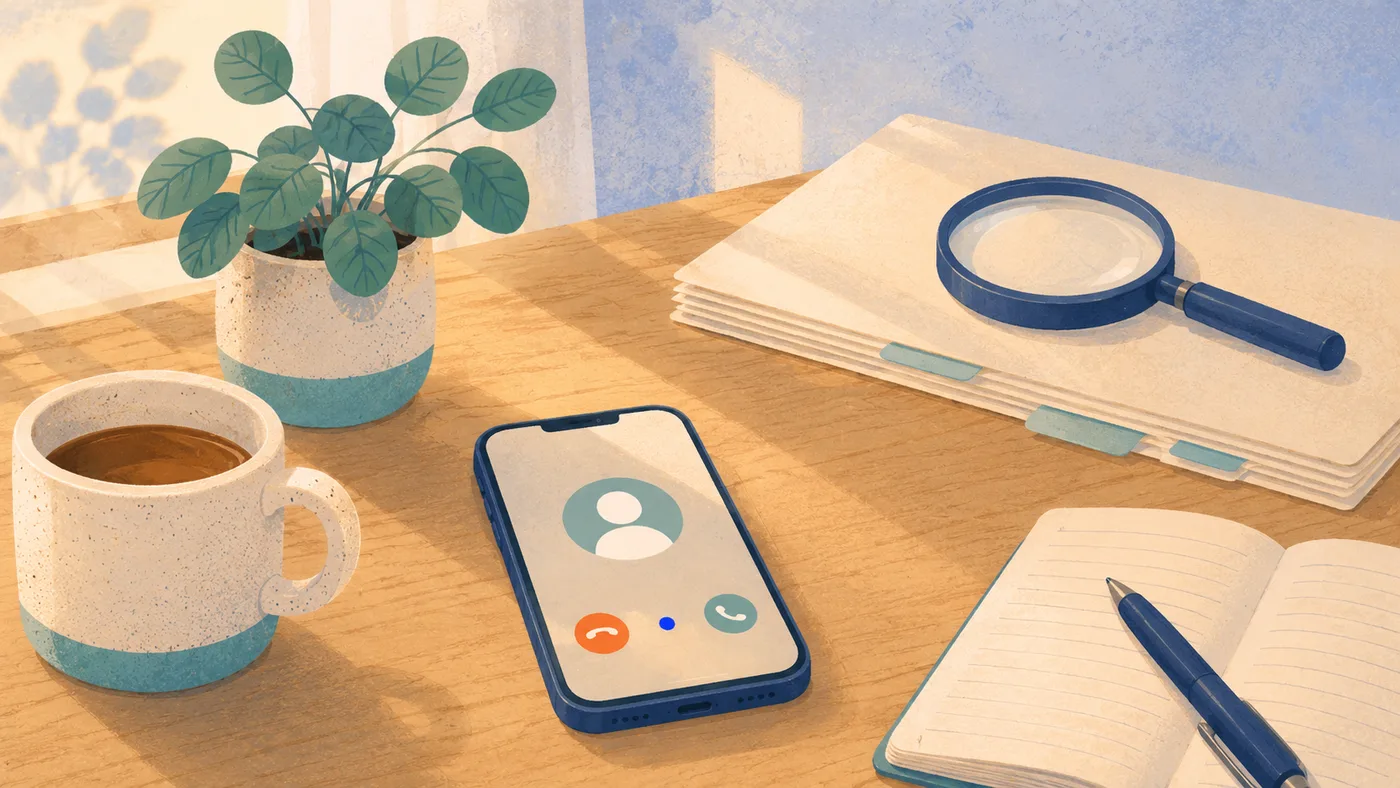 A desk with a phone showing an unknown caller, a notebook, and a magnifying glass on case files