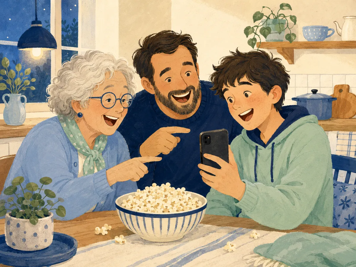 A family playing a guessing game around one phone at the kitchen table