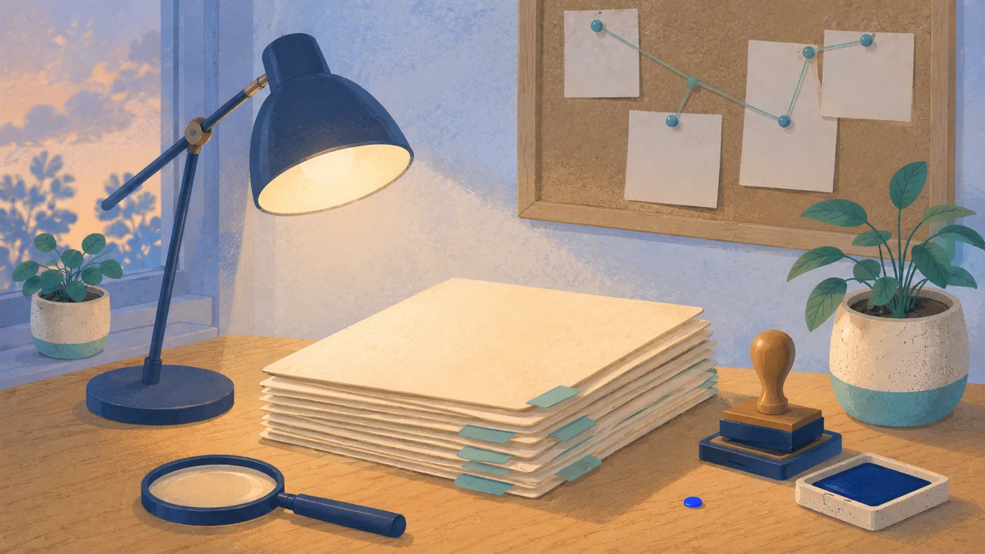 An investigator's desk with case folders, a lamp, and a pinboard