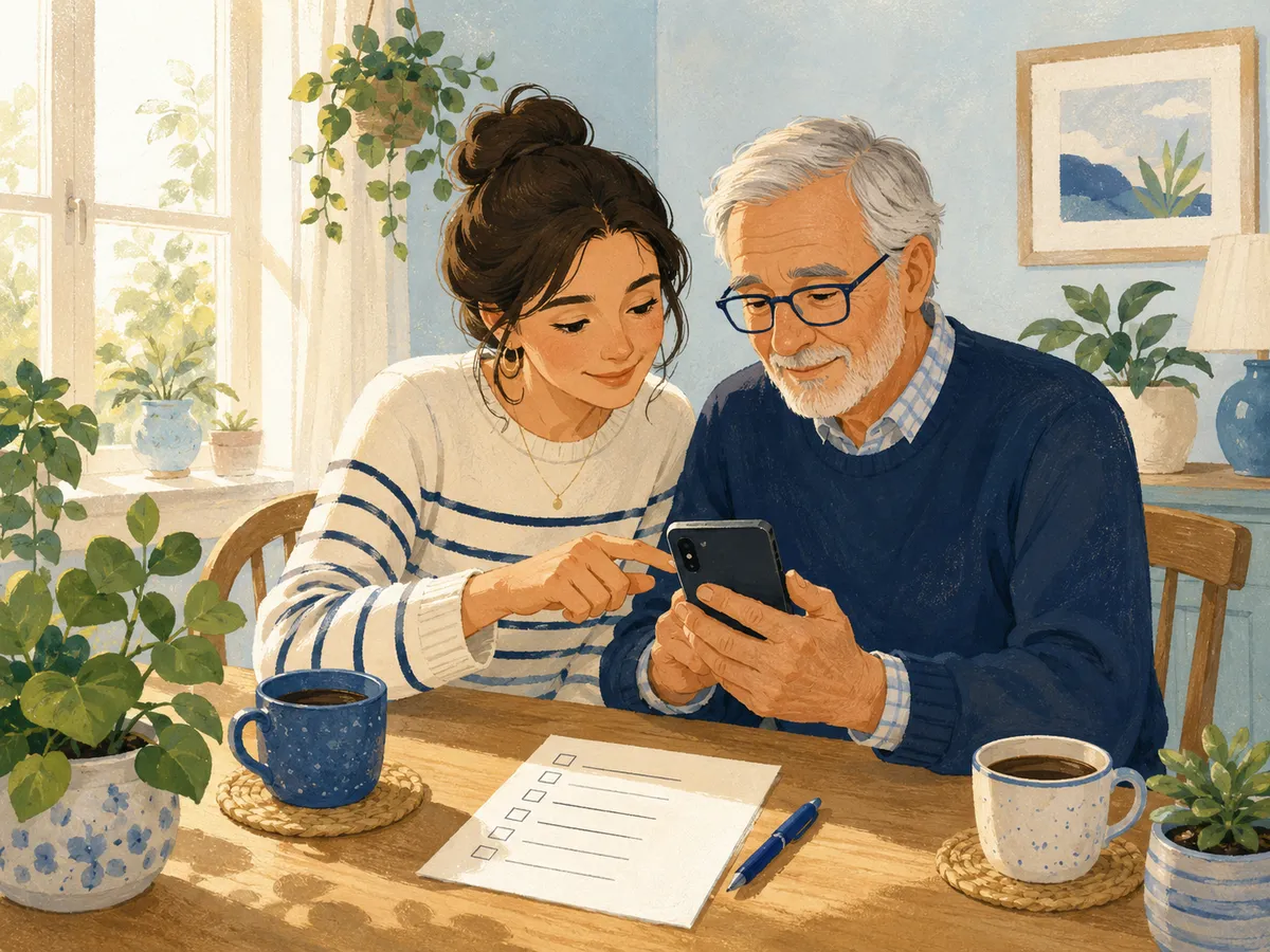 An adult daughter and her father setting up his phone together over coffee