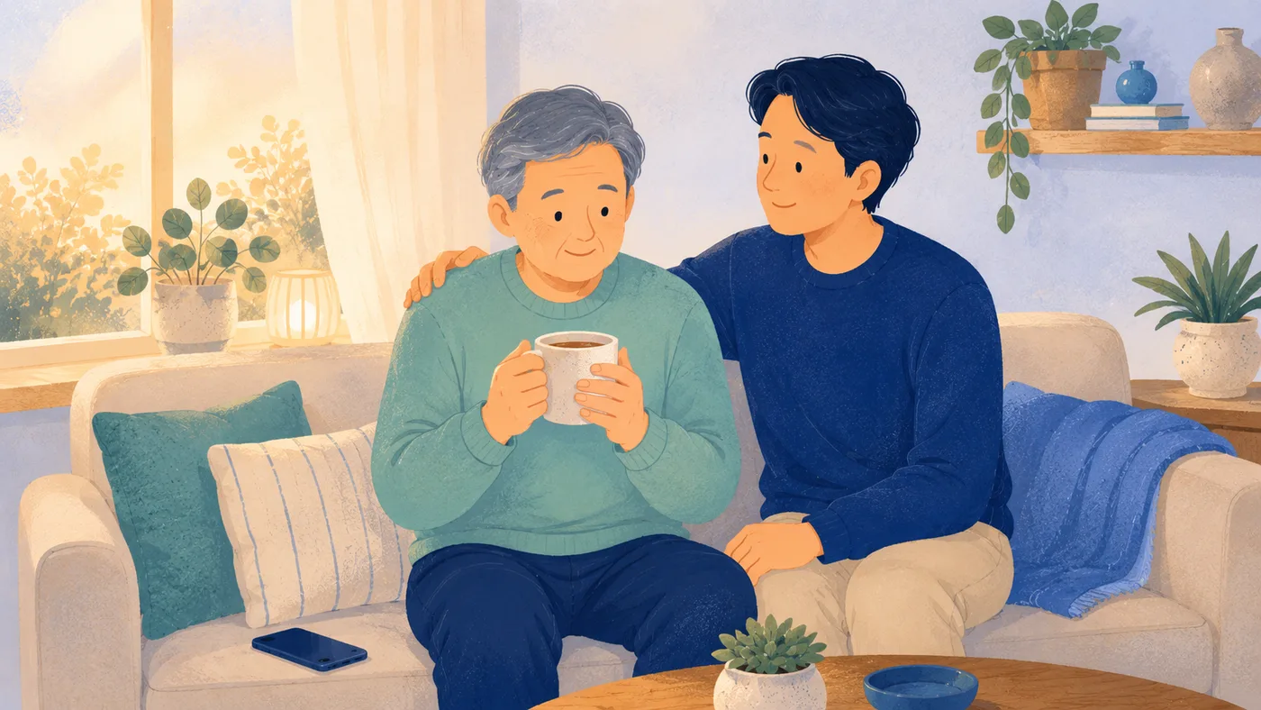 A father and son sitting together on a sofa in morning light, calm and supported